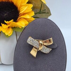 Monet Gold Tone Pave Rhinestone Crystal Bow Brooch Vintage Signed Ribbon Pin